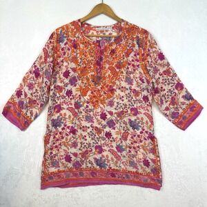 Gretchen Scott Tunic Top Women Size M Floral Print Embroidered Cruise Resortwear